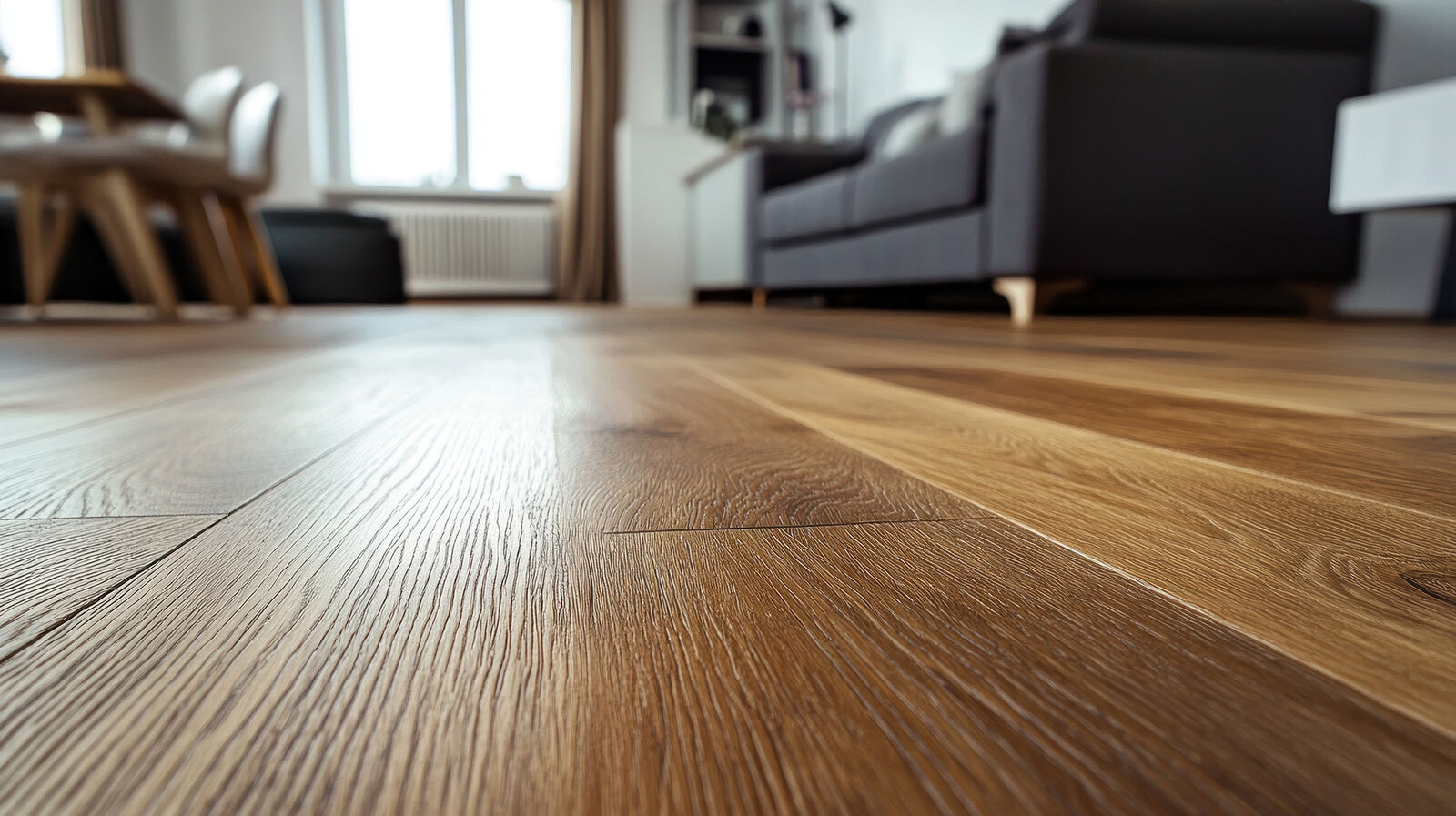 Afgewerkte parketvloer in een woonkamer